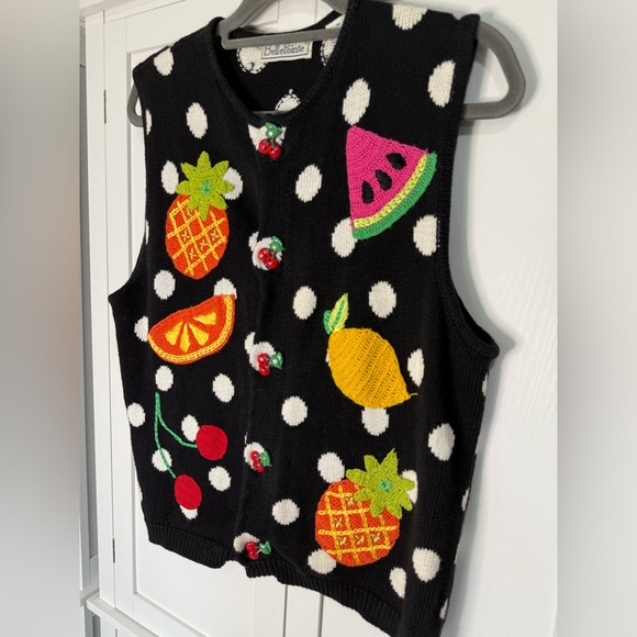 Vintage Bellepointe Fruit Appliqué Sweater Vest Polka Dot Ramie Cotton Medium - Picture 1 of 8